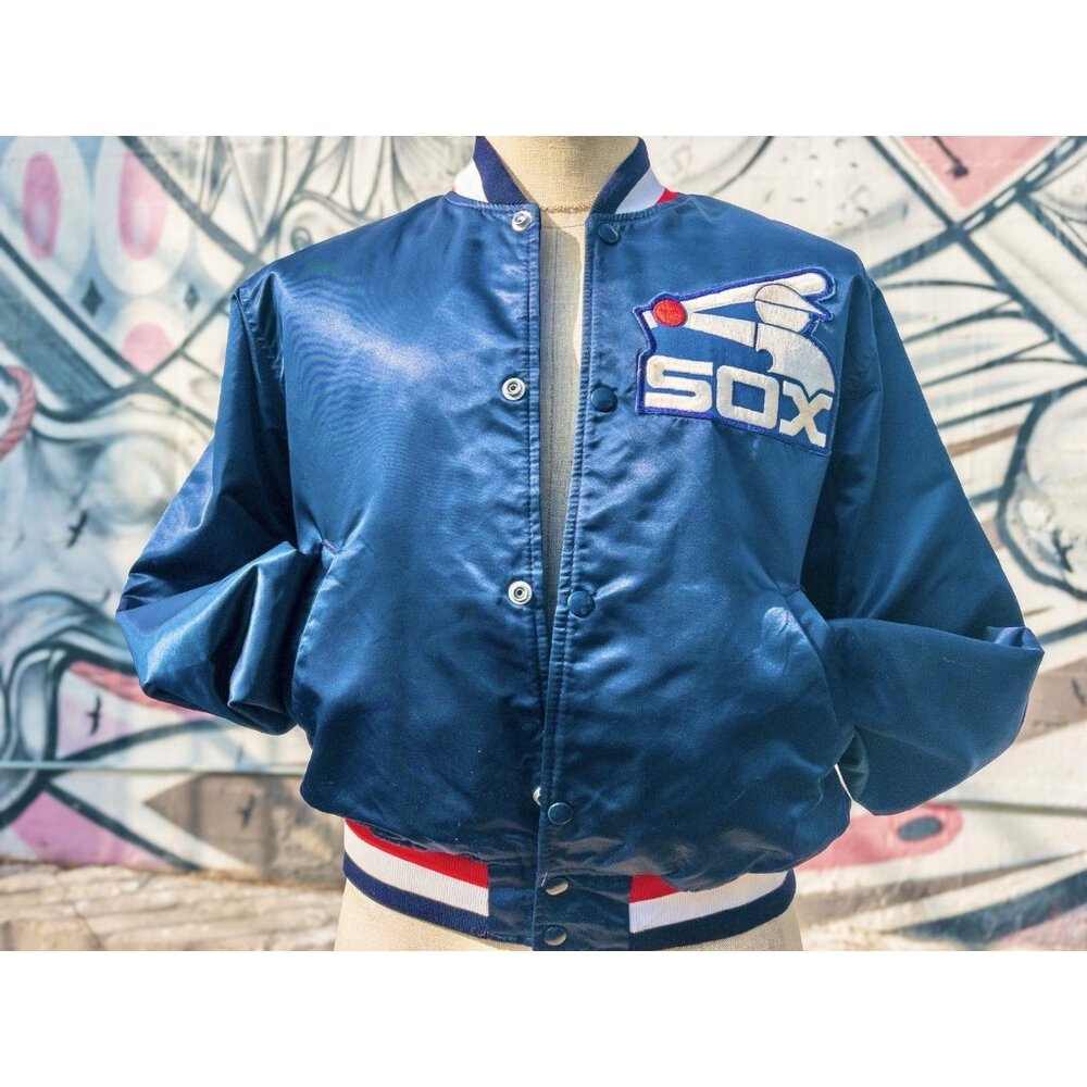 CHICAGO WHITE SOX MLB Vintage Bomber Jacket Size Large - Navy Blue (Retro Logo)